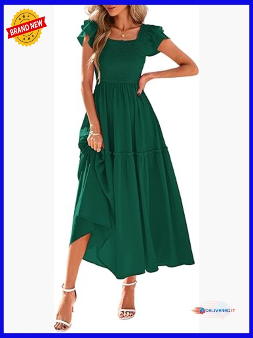 Smocked Midi Sundress for Women 2026 Wedding Guest Flowy Ruffle Square Neck